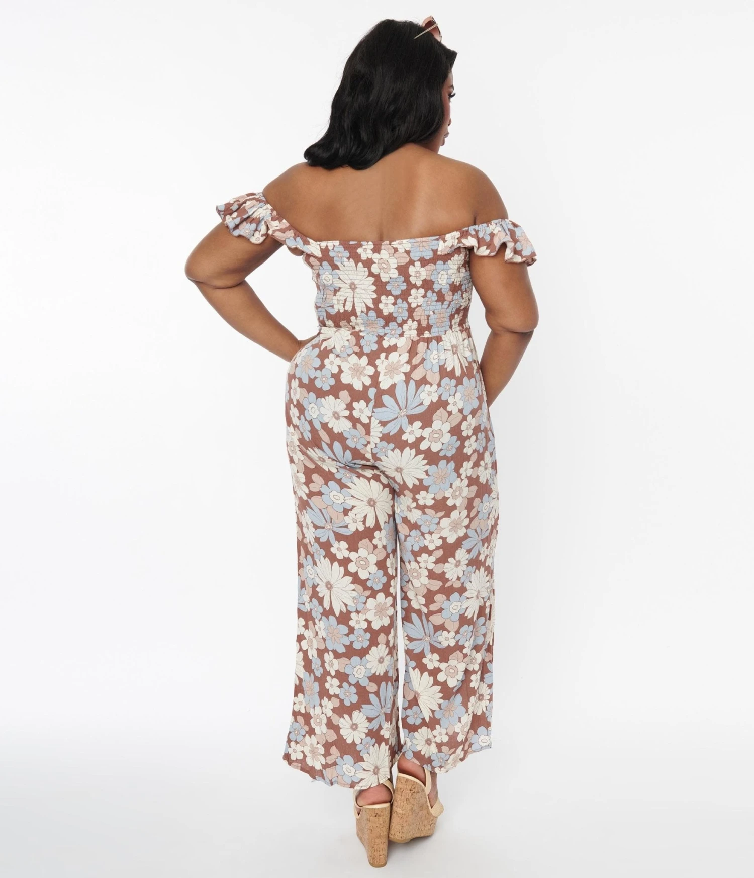 Plus Size Brown & Muted Florals Off The Shoulder Jumpsuit - Image 3