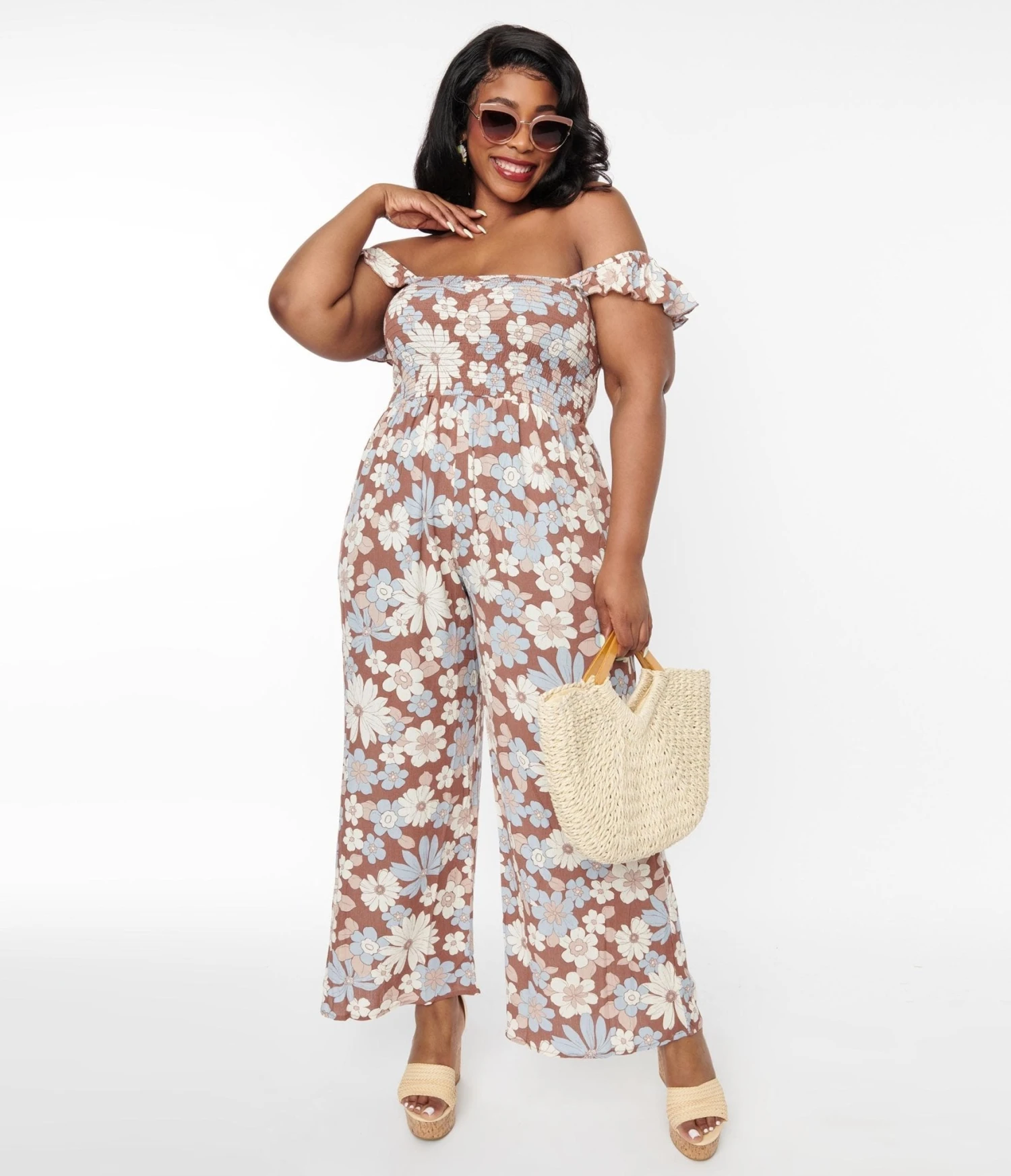 Plus Size Brown & Muted Florals Off The Shoulder Jumpsuit - Image 4