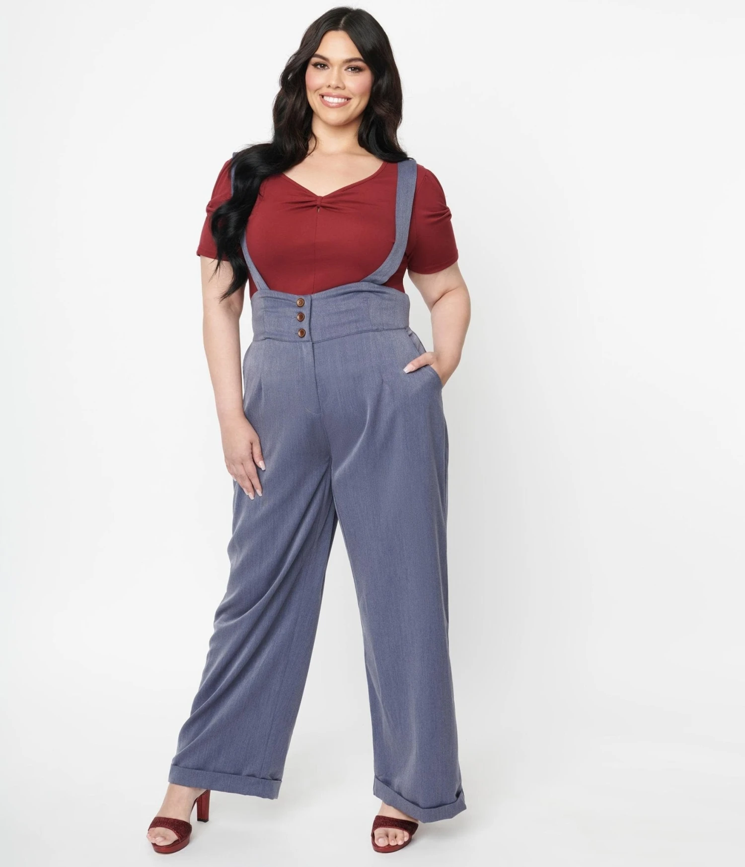 Plus Size Dusty Blue Suspender Pants - Image 5