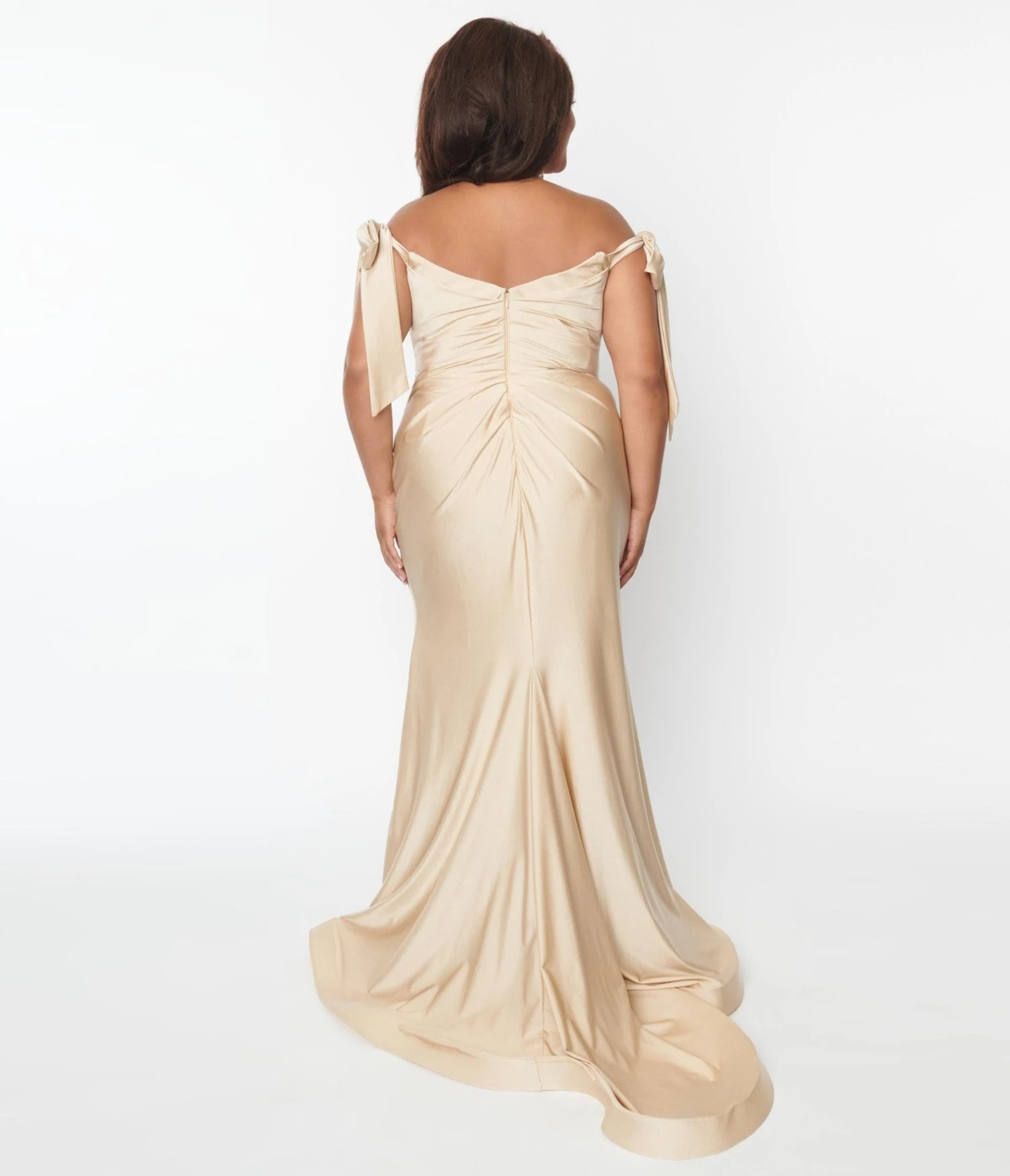 Plus Size Elegant Champagne Off The Shoulder Tie Dress - Image 2