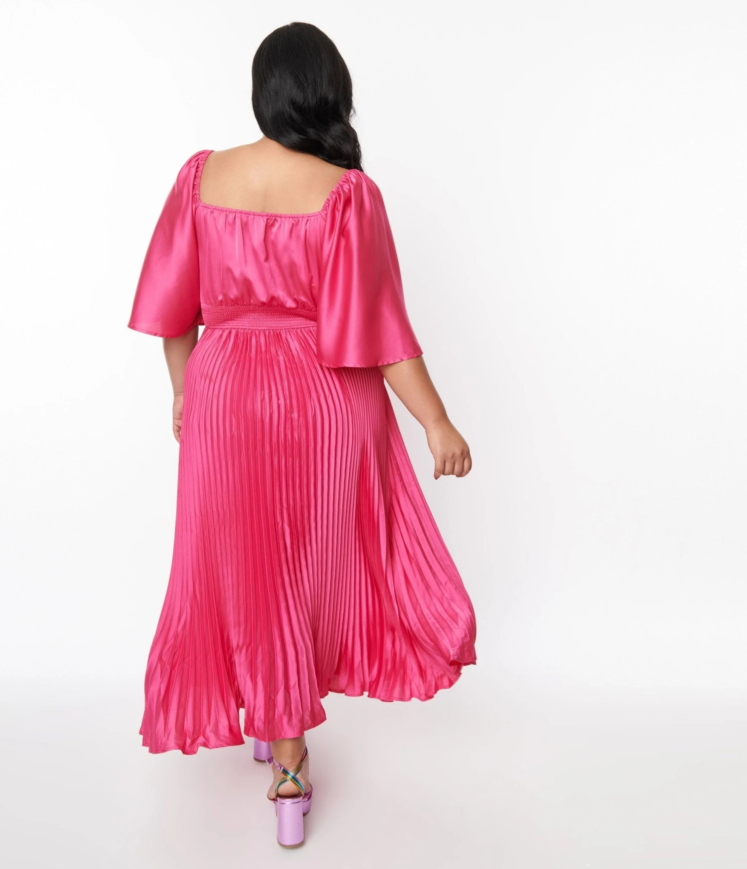 Plus Size Fuchsia Pleated Satin Maxi Dress - Image 2