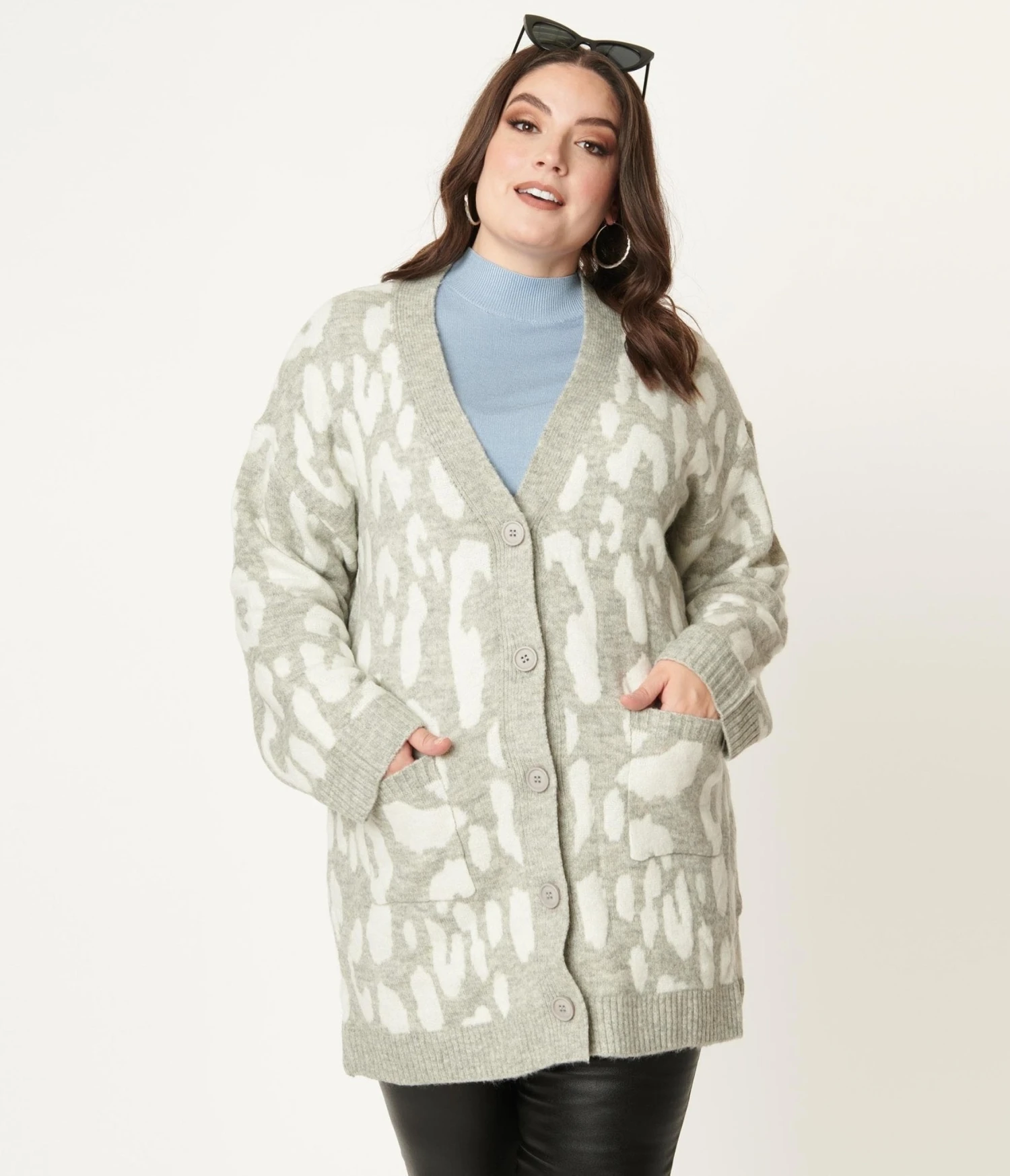 Plus Size Grey Leopard Print Long Cardigan