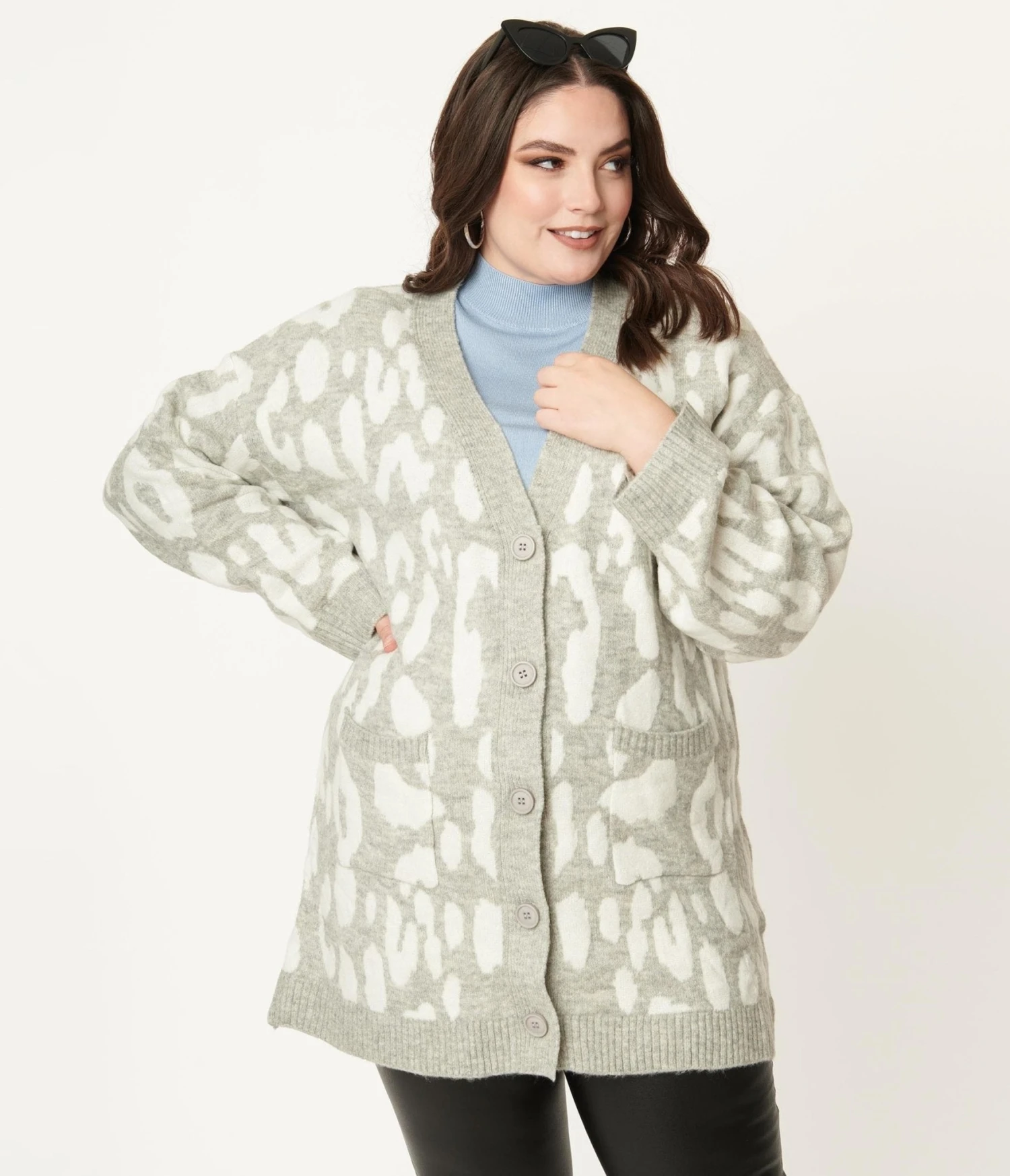 Plus Size Grey Leopard Print Long Cardigan - Image 5