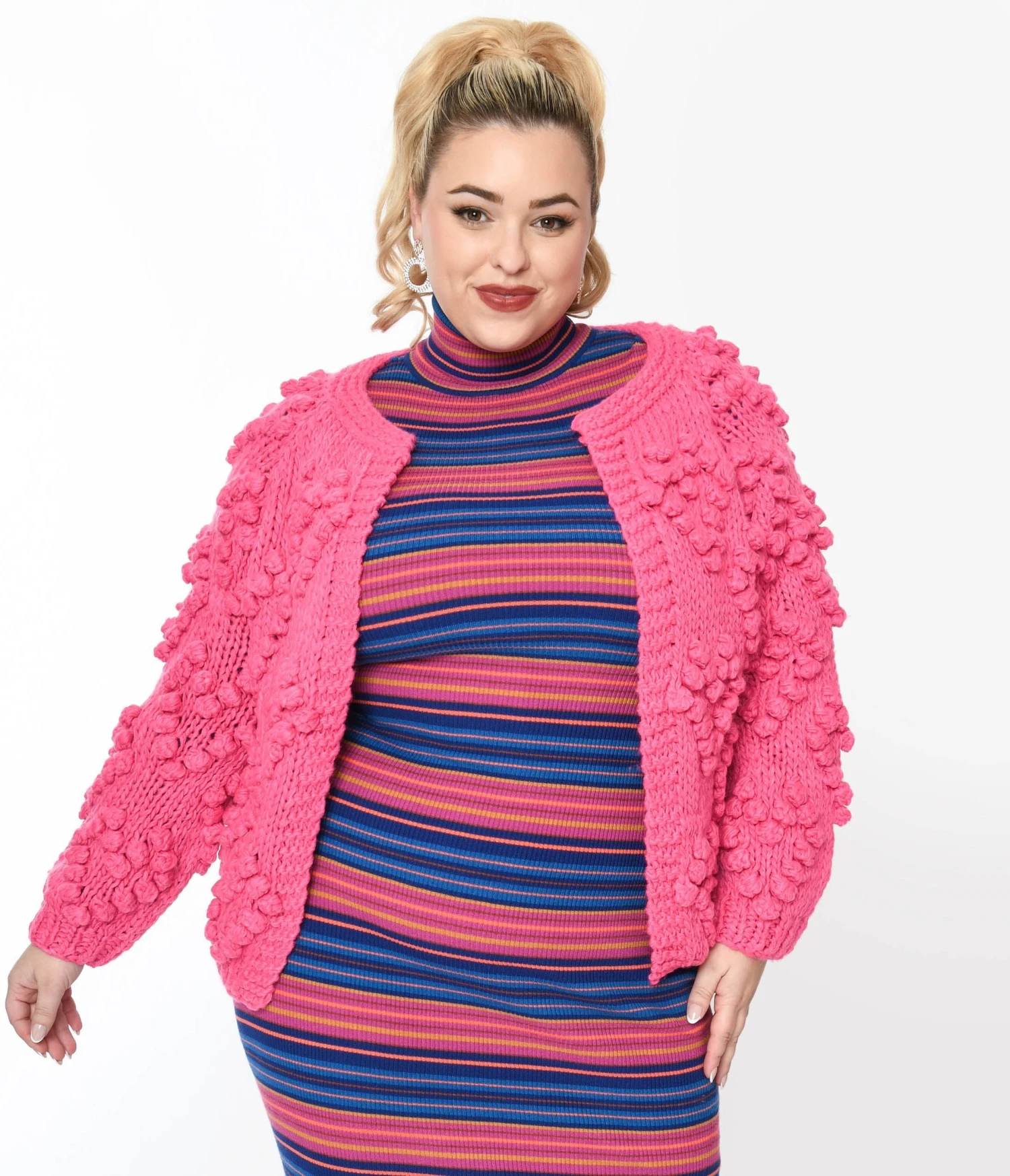 Plus Size Hot Pink Textured Knit Open Cardigan