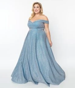 Plus Size Light Blue Shimmer Off The Shoulder Ball Gown
