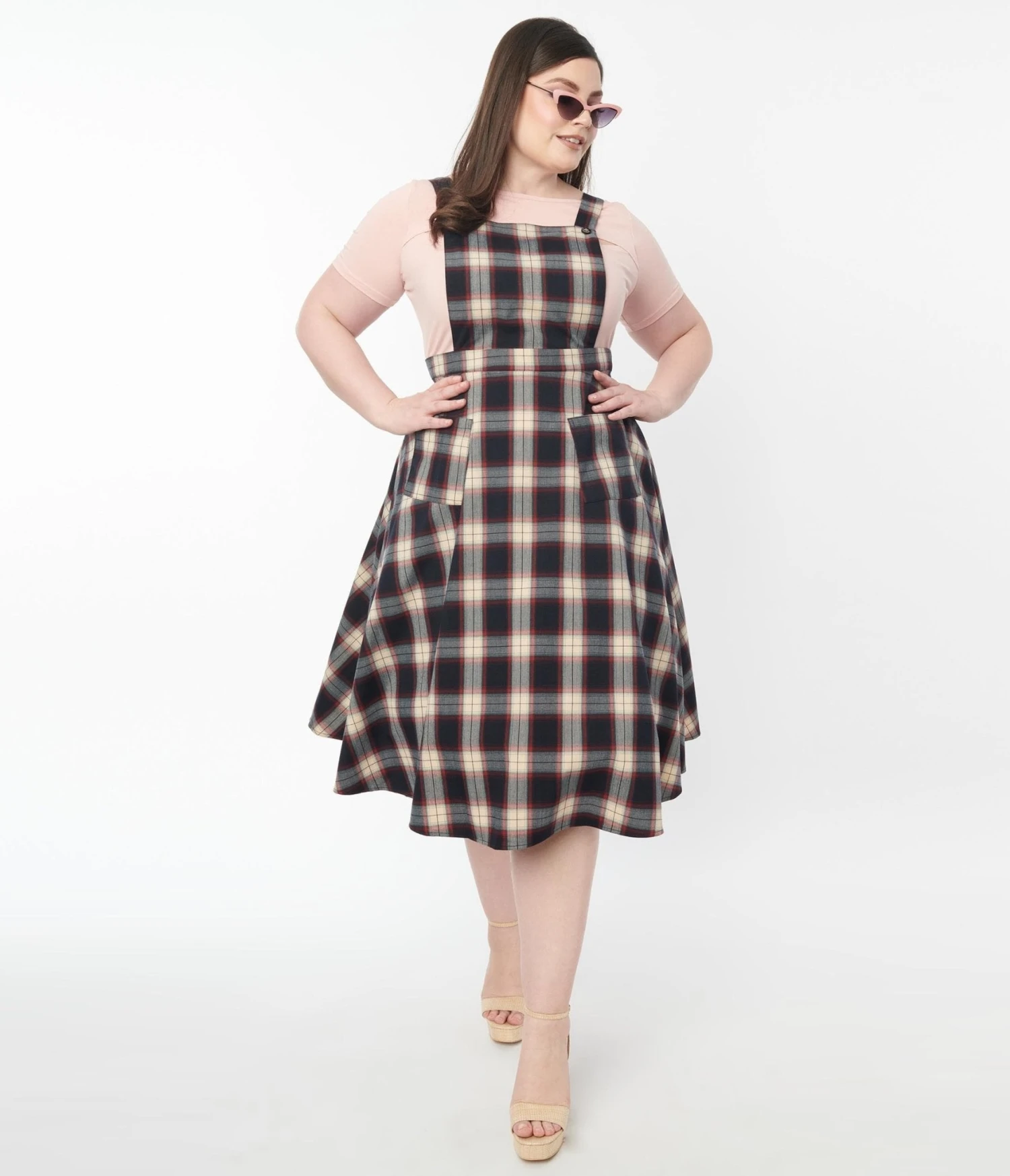 Plus Size Navy & Cream Plaid Pinafore Swing Skirt