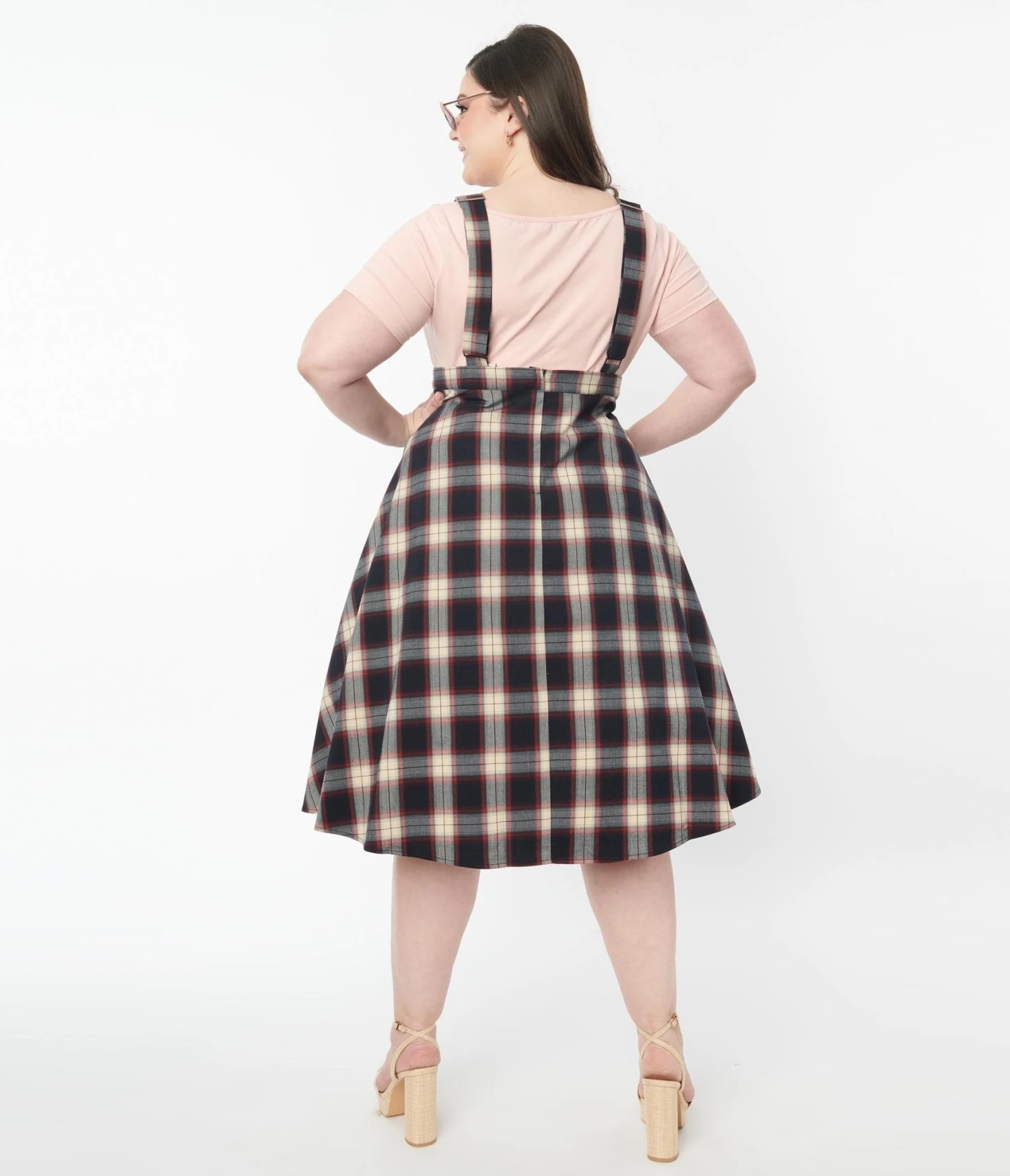 Plus Size Navy & Cream Plaid Pinafore Swing Skirt - Image 3