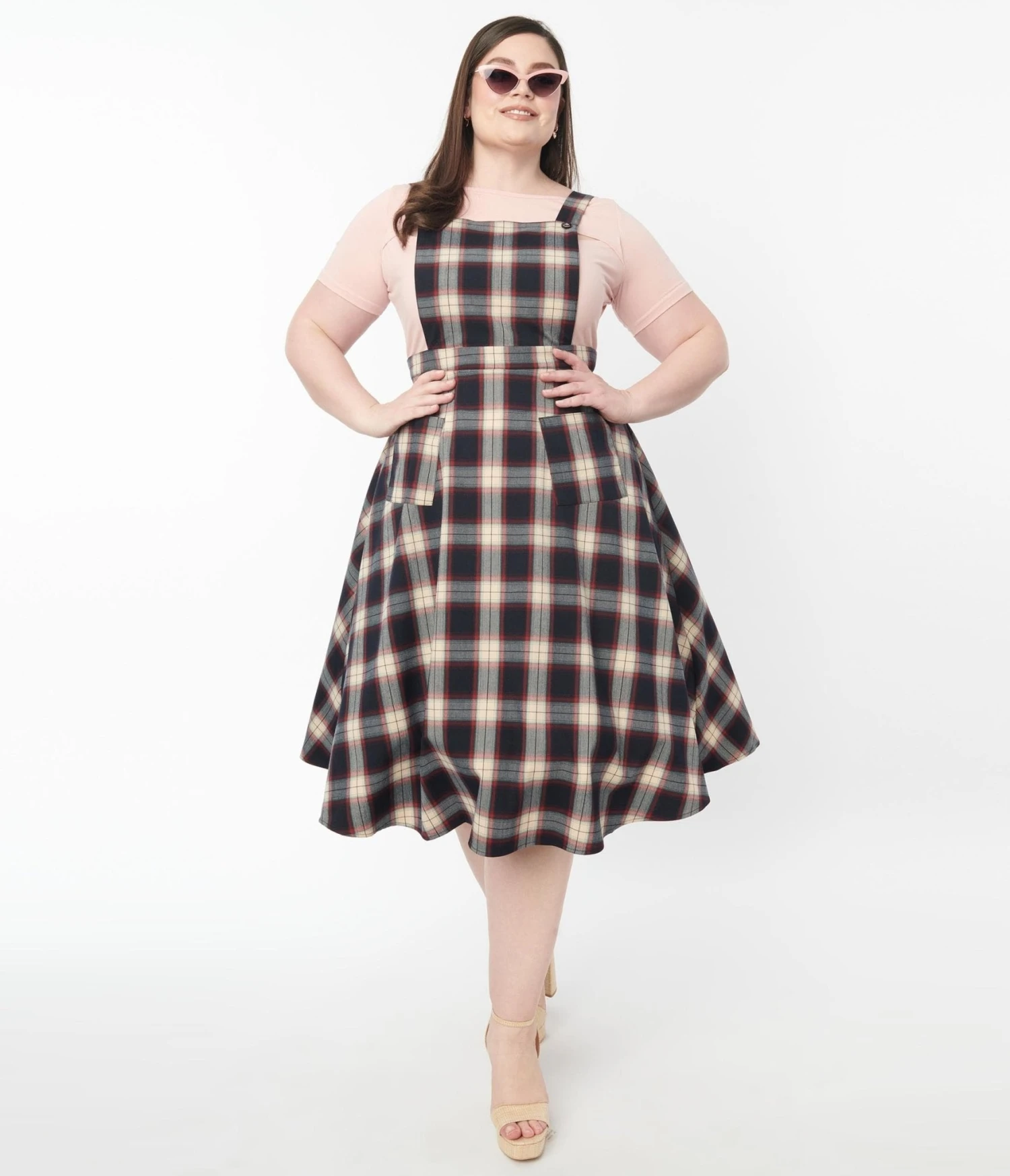 Plus Size Navy & Cream Plaid Pinafore Swing Skirt - Image 5
