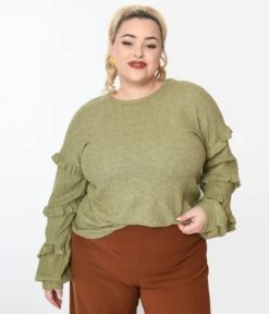 Plus Size Olive Green Ruffle Trim Ribbed Pullover Sweater
