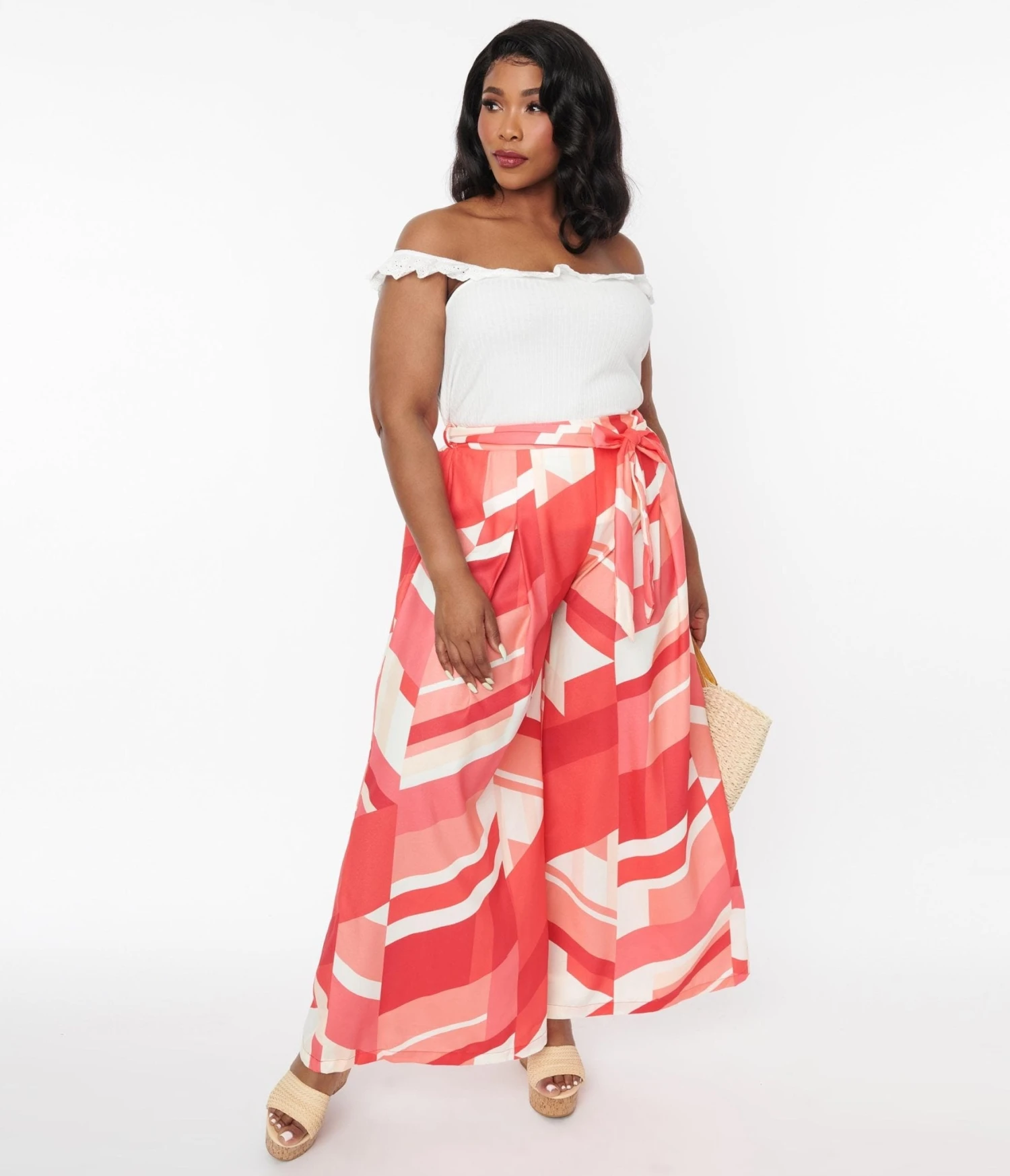 Plus Size Red Geometric Wide Leg Pants - Image 4