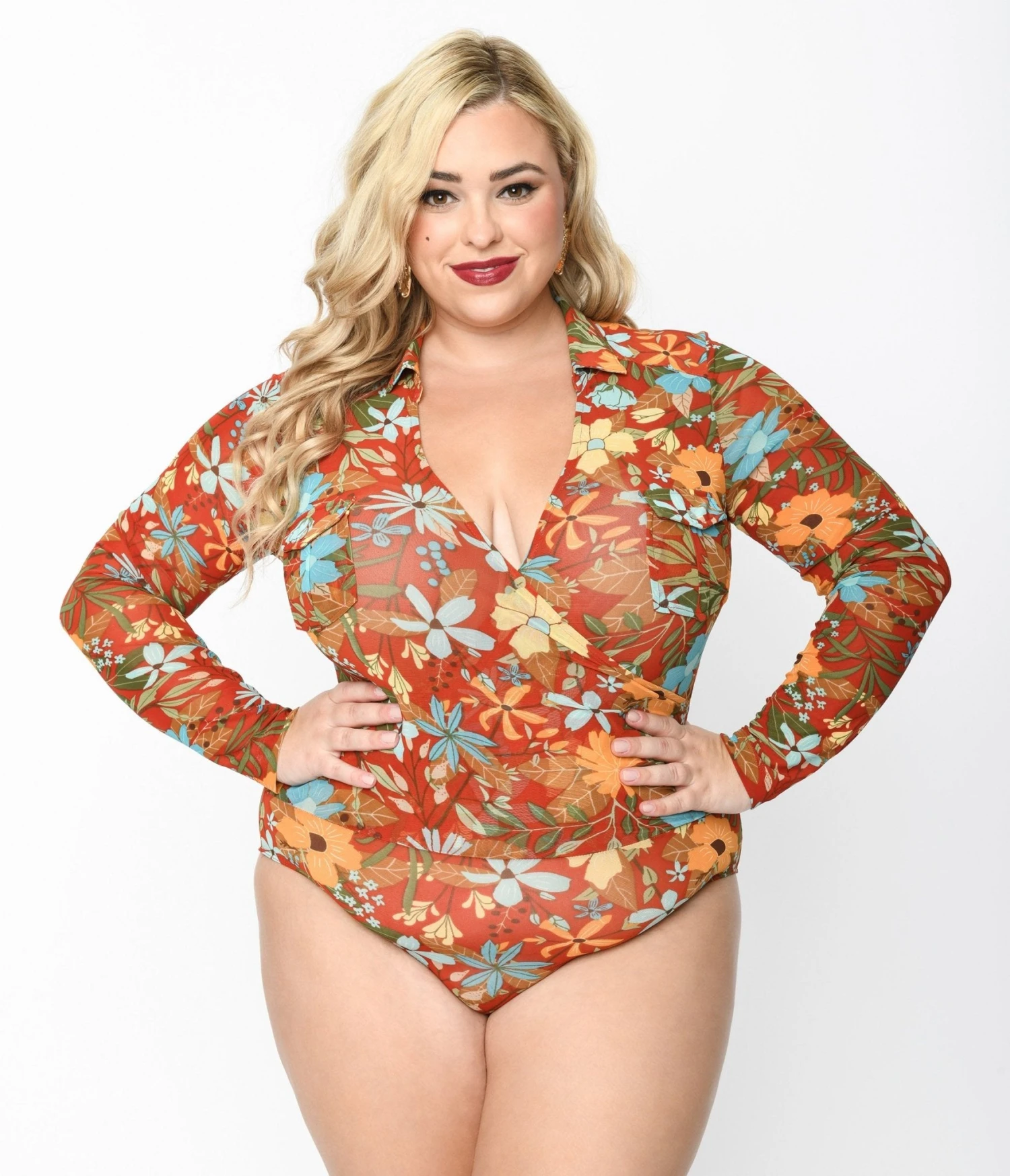 Plus Size Red & Multicolor Floral Collared Surplice Bodysuit - Image 2
