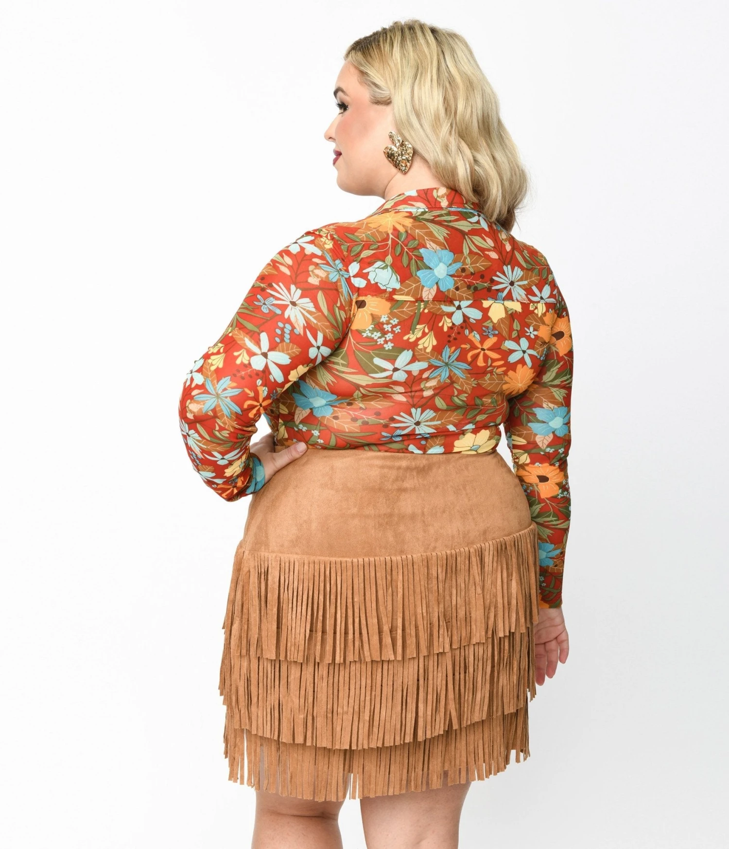 Plus Size Red & Multicolor Floral Collared Surplice Bodysuit - Image 3