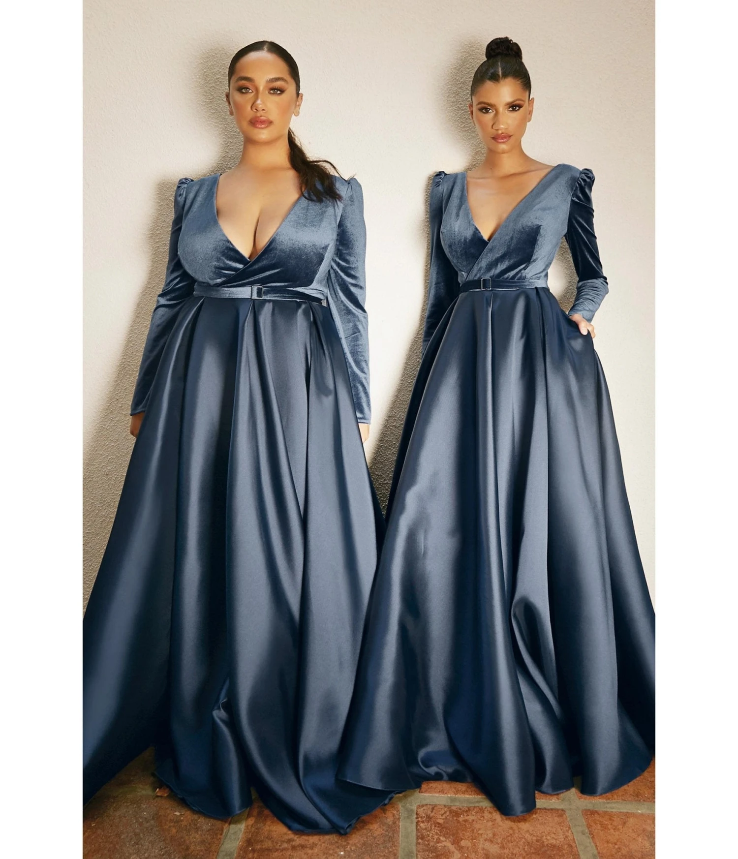 Cinderella Divine Plus Size Smokey Blue Long Sleeve Bridesmaid Gown