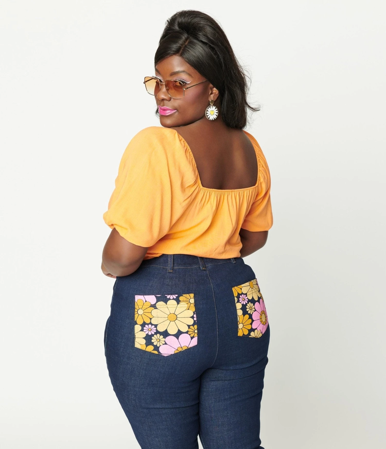 Plus Size Tangerine Faux Corset Puff Sleeve Crop Top - Image 2