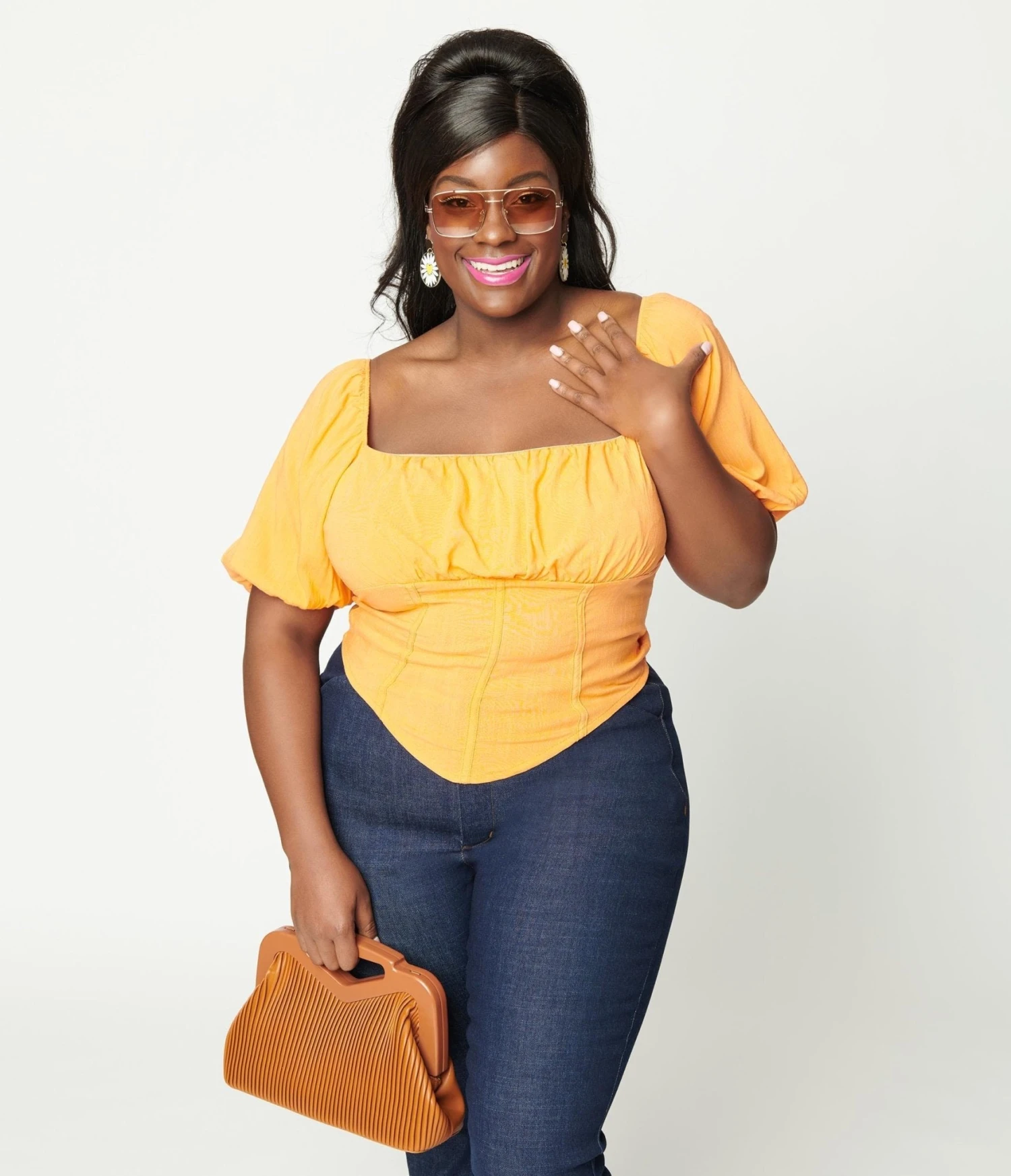 Plus Size Tangerine Faux Corset Puff Sleeve Crop Top - Image 4