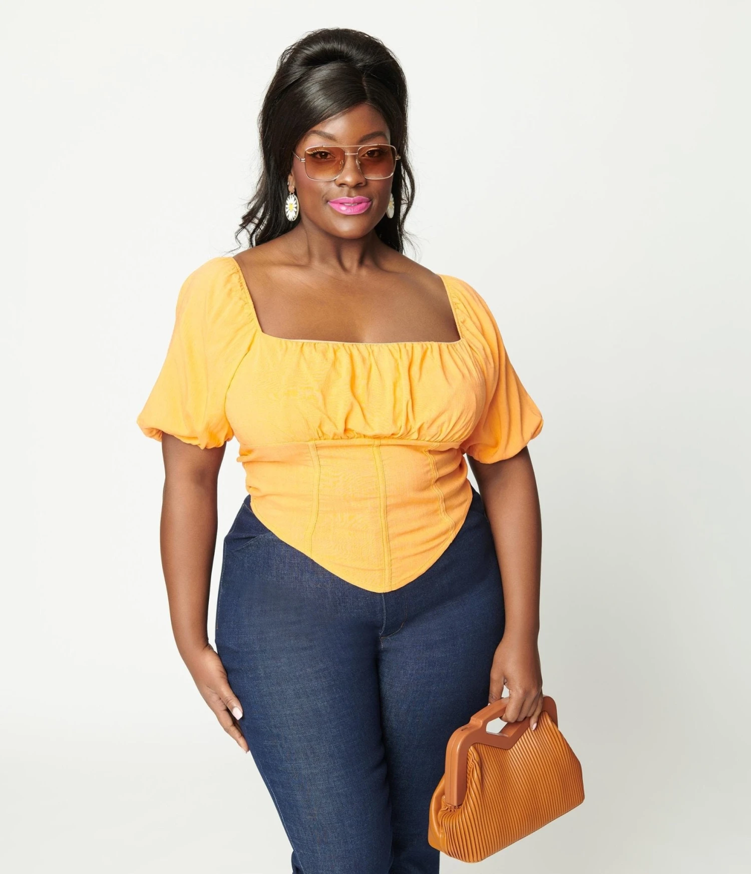 Plus Size Tangerine Faux Corset Puff Sleeve Crop Top - Image 3