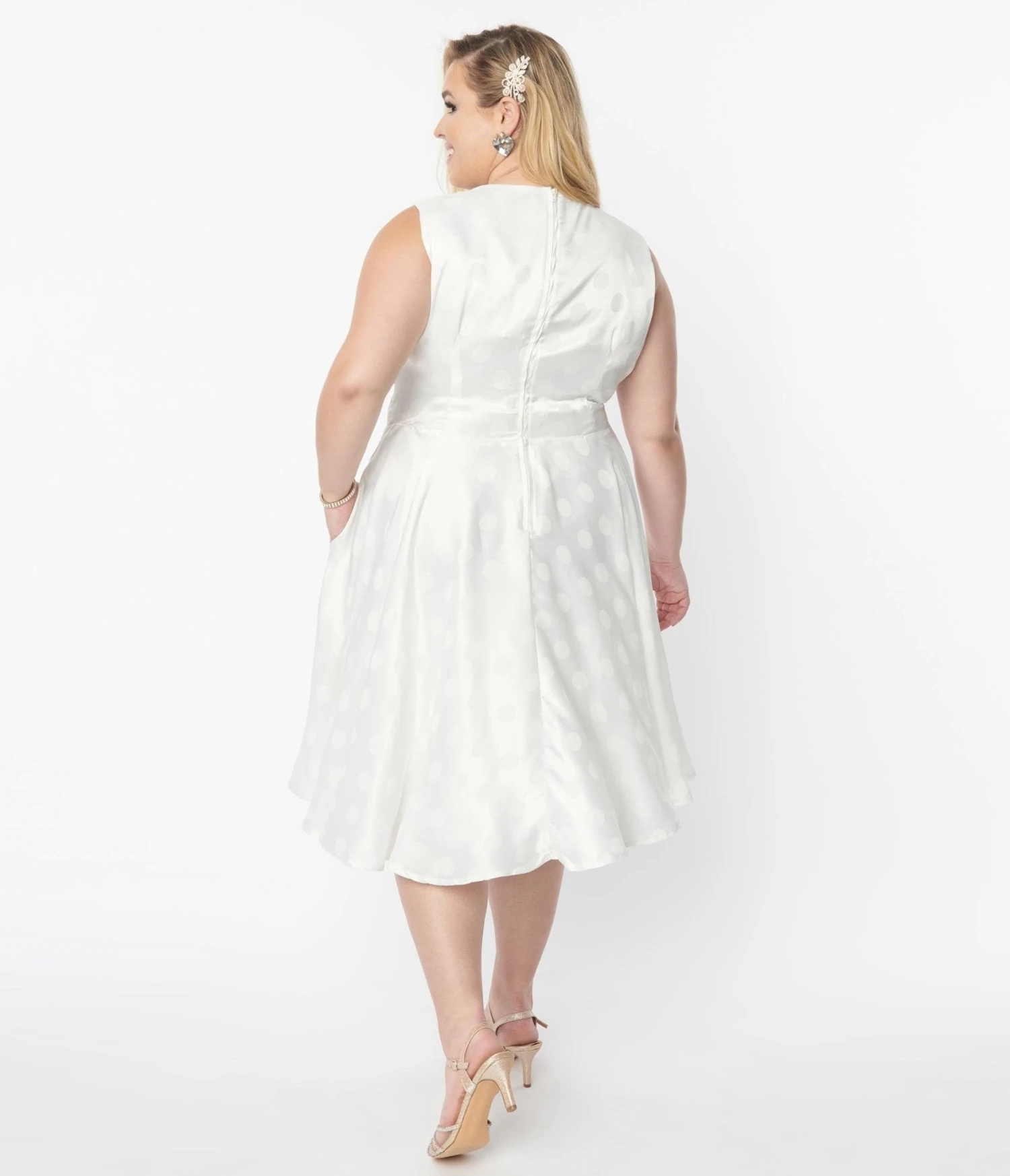 Plus Size Vintage Ivory Polka Dot Bridal Swing Dress - Image 2