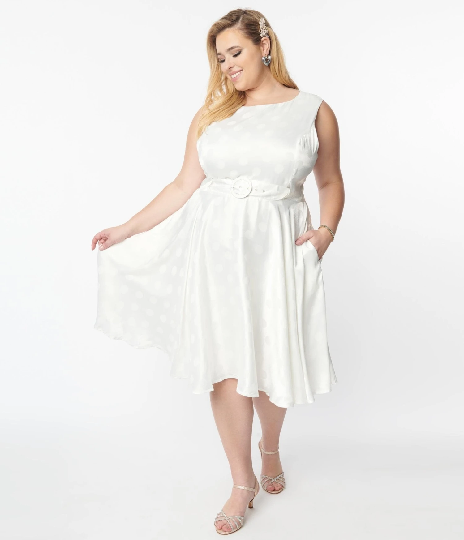 Plus Size Vintage Ivory Polka Dot Bridal Swing Dress - Image 5