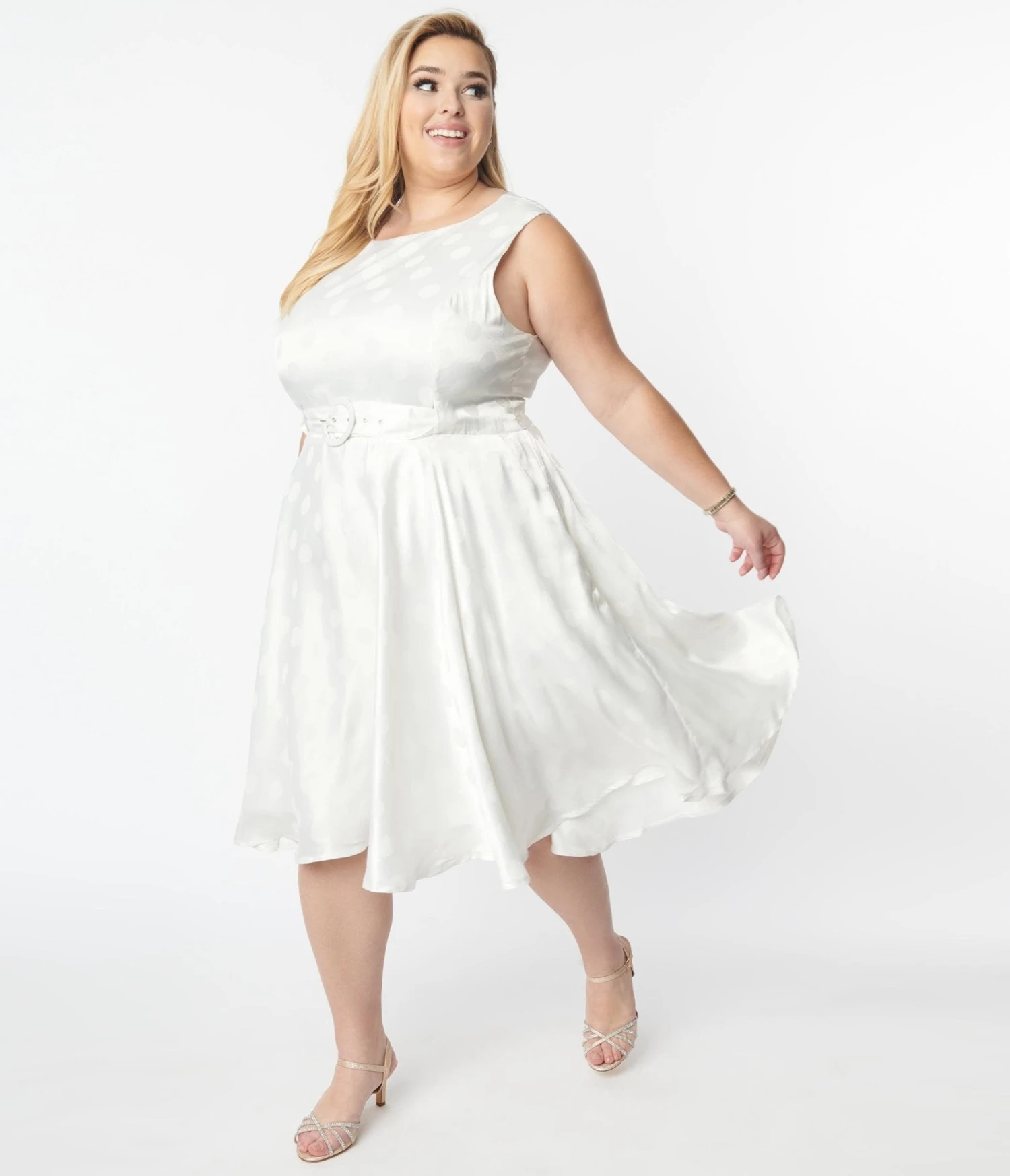 Plus Size Vintage Ivory Polka Dot Bridal Swing Dress - Image 3