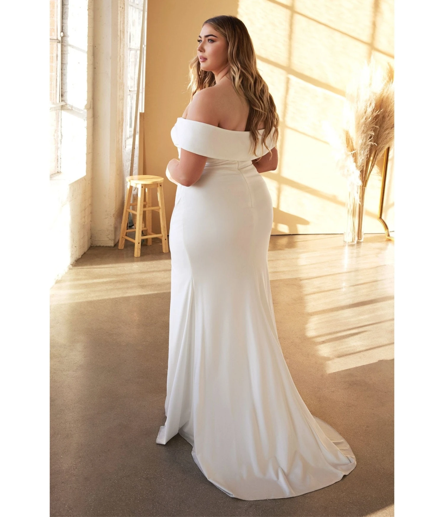 Cinderella Divine Plus Size White Off The Shoulder Jersey Bridal Gown - Image 2