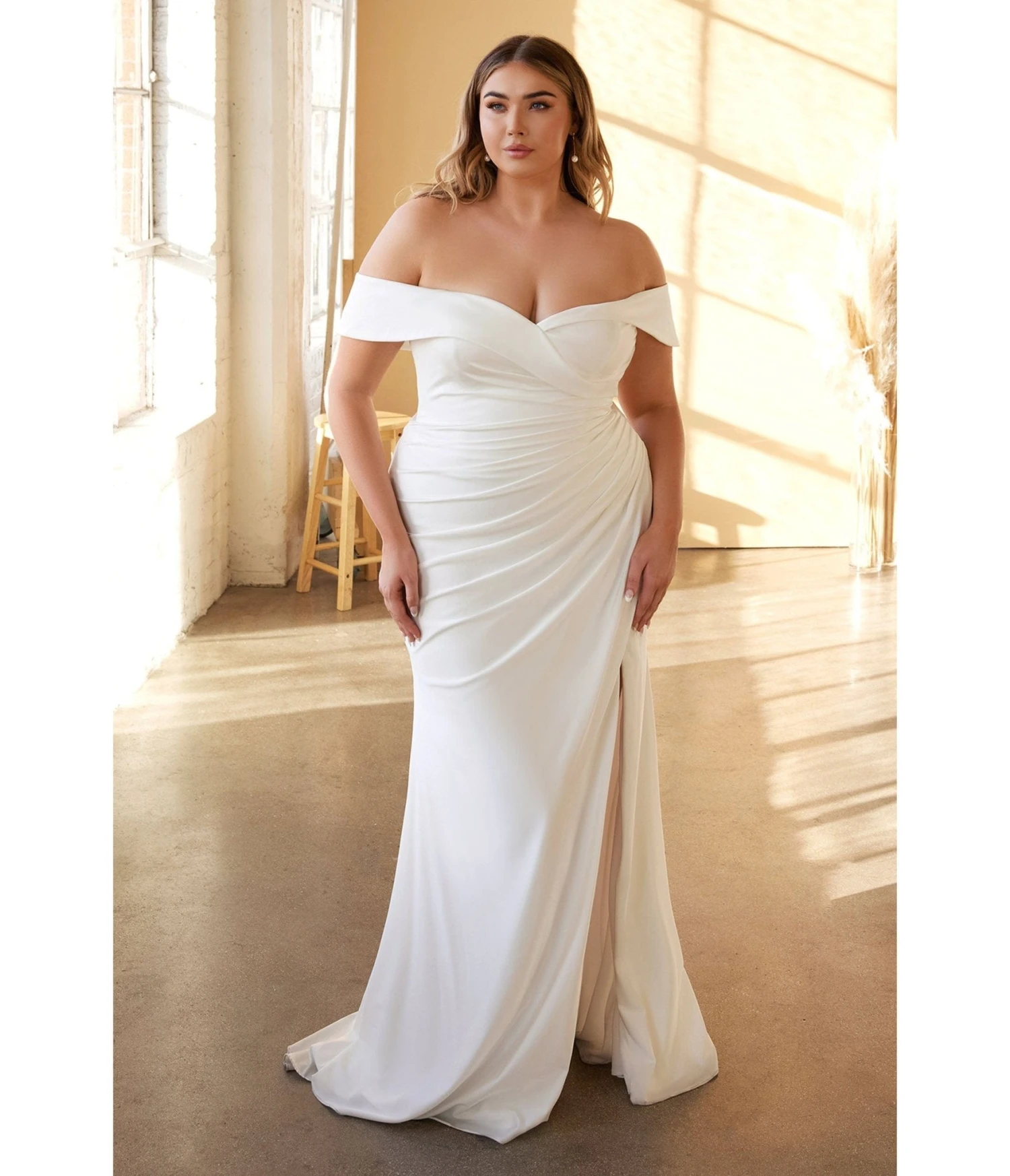 Cinderella Divine Plus Size White Off The Shoulder Jersey Bridal Gown