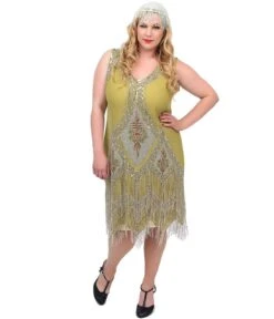 Unique Vintage Plus Size 1920s Green & Silver Embroidered Somerset Flapper Dress