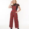 Red Plaid Wide Leg Overalls