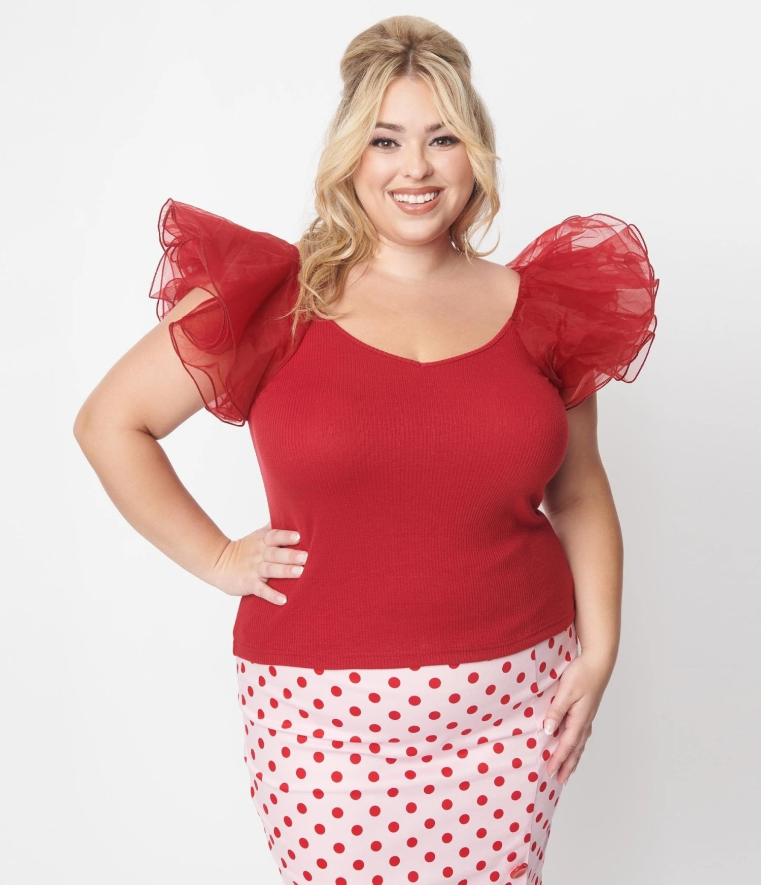 Red Ribbed Dramatic Sleeve Lennon Top - Image 3