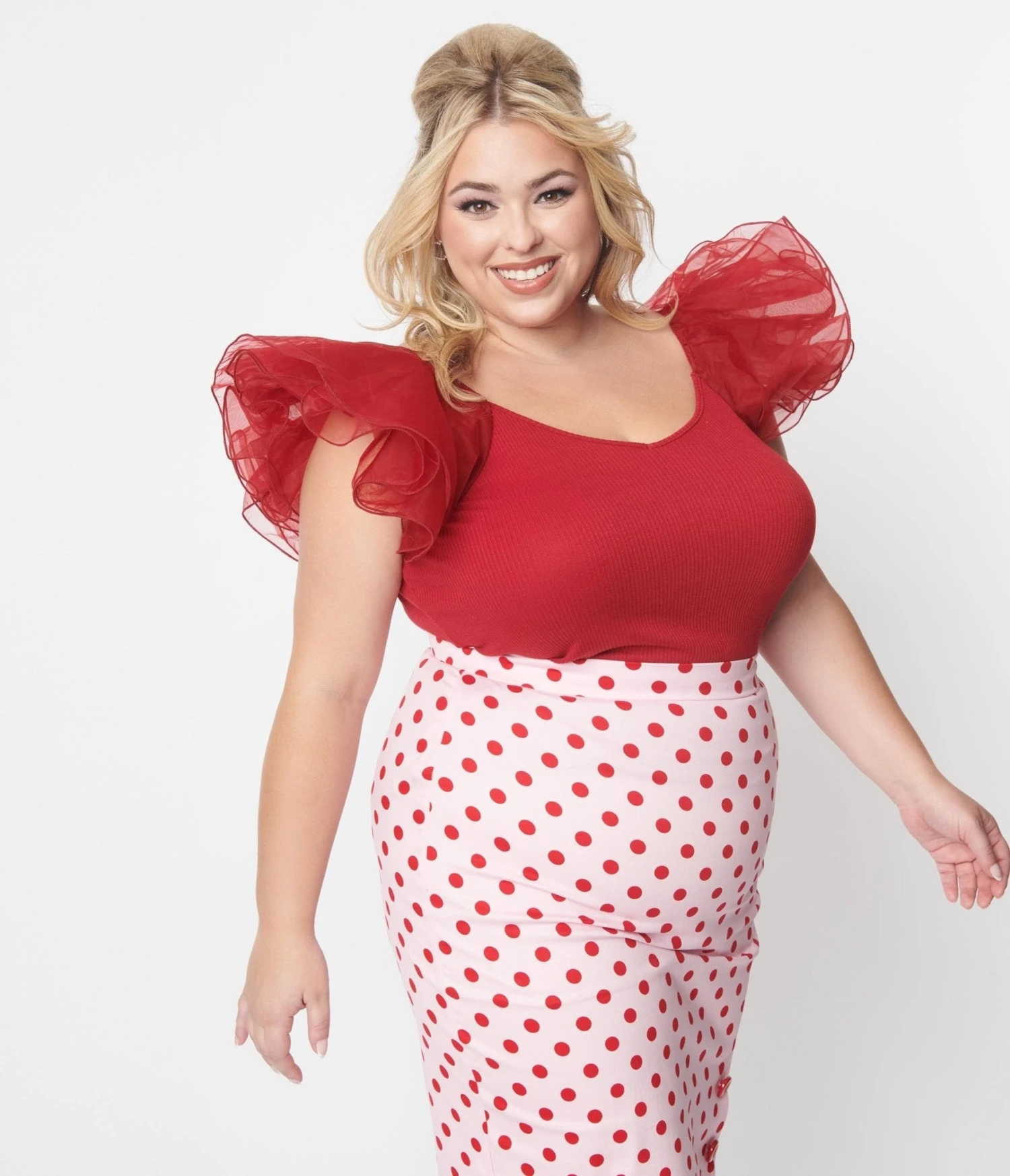 Red Ribbed Dramatic Sleeve Lennon Top