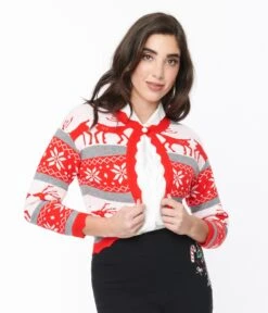 Red & White Holiday Print Shrug Cardigan