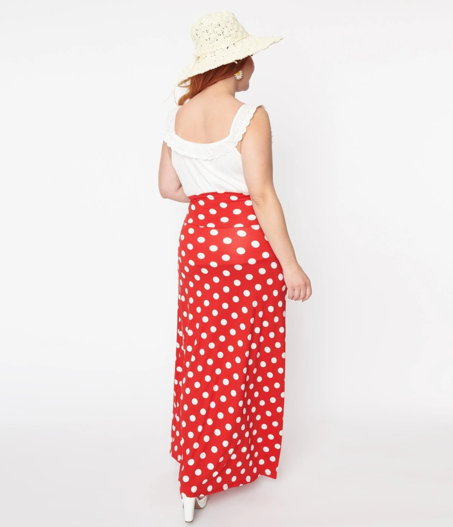 Red & White Polka Dot Foldable Waist Maxi Skirt - Image 3