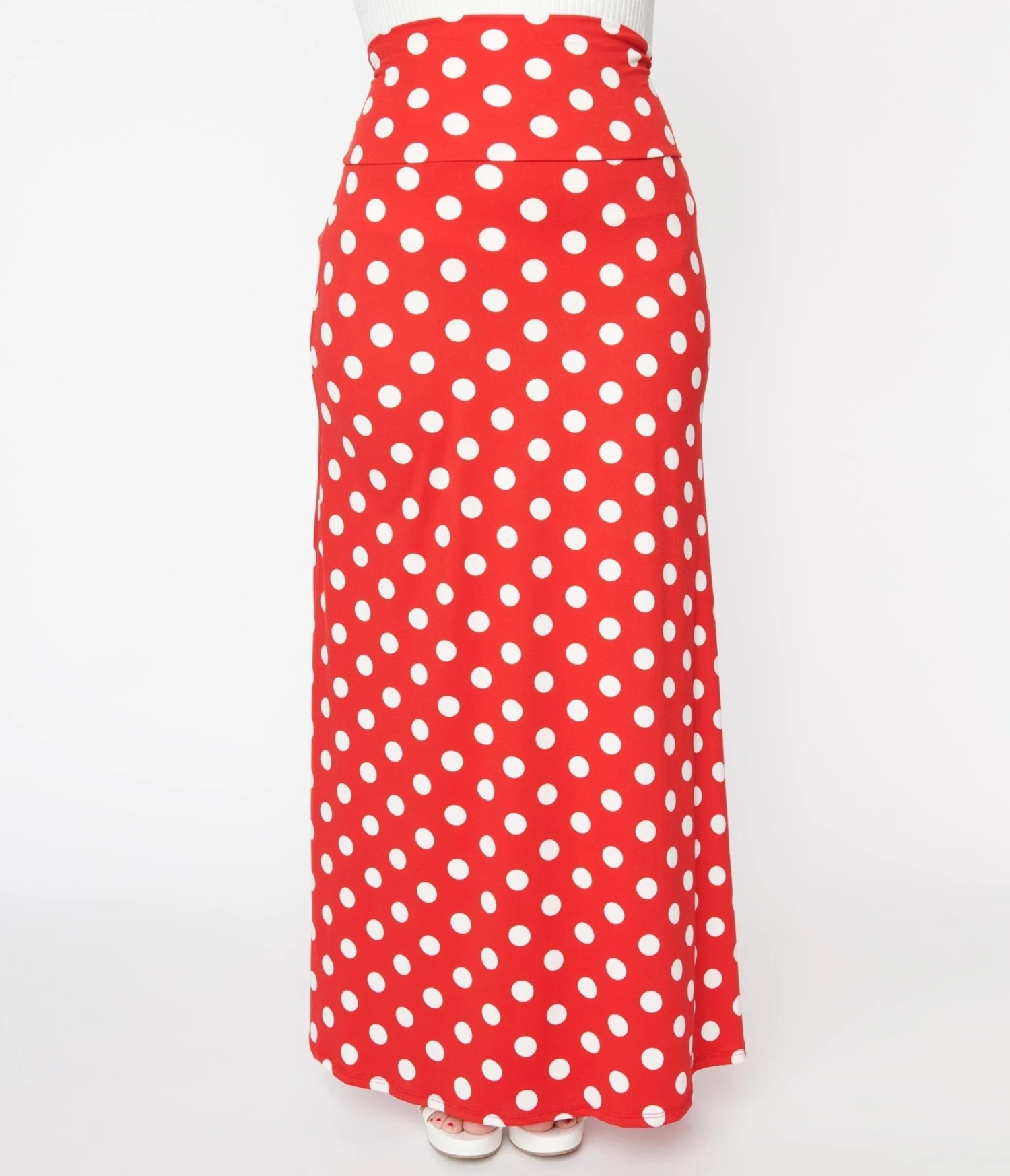 Red & White Polka Dot Foldable Waist Maxi Skirt - Image 2
