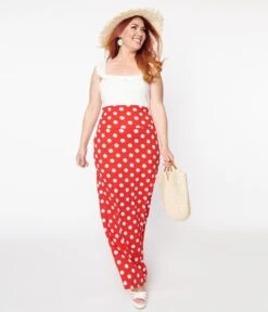Red & White Polka Dot Foldable Waist Maxi Skirt