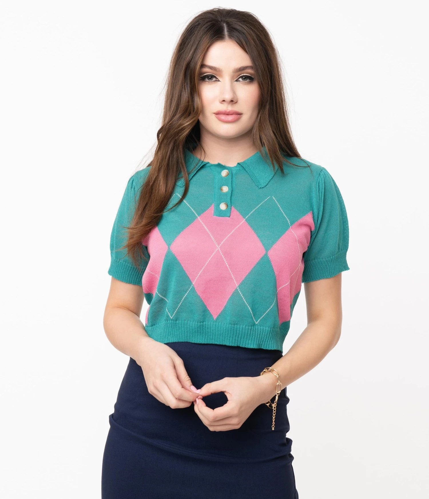 Retro Style Teal & Pink Argyle Sweater Crop Knit - Image 5