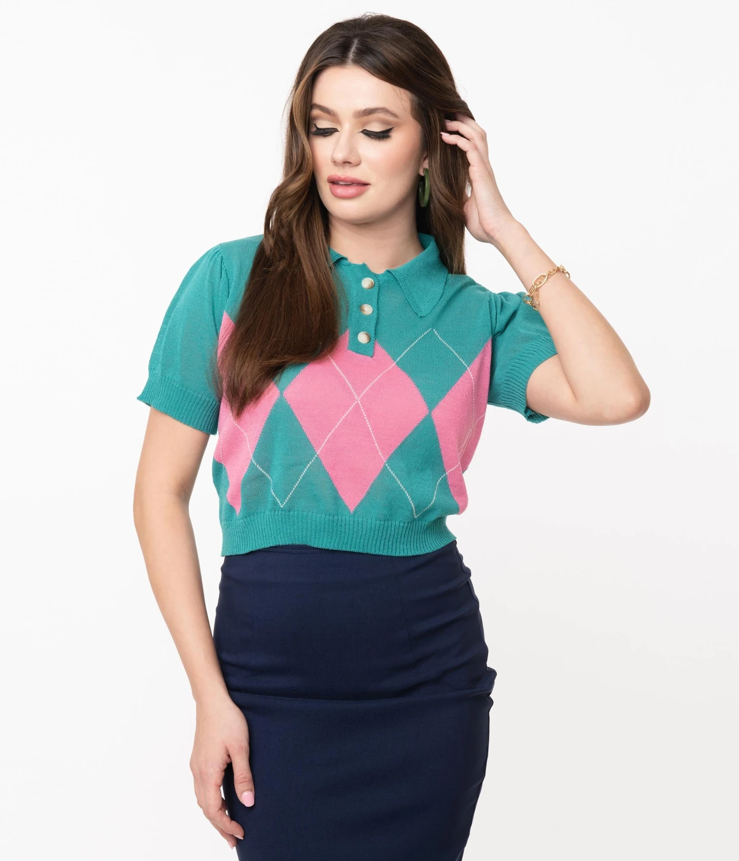 Retro Style Teal & Pink Argyle Sweater Crop Knit - Image 4