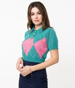 Retro Style Teal & Pink Argyle Sweater Crop Knit