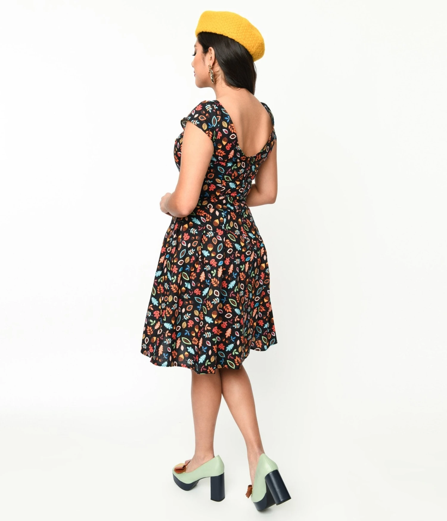 Retrolicious Black Leaves & Acorns Margaret Flare Dress - Image 3