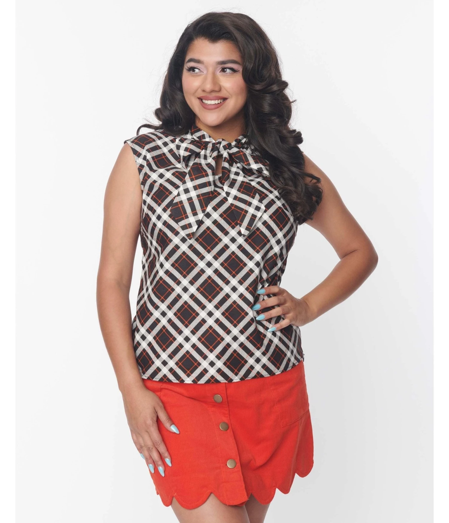 Retrolicious Black & Orange Plaid Bow Top - Image 3