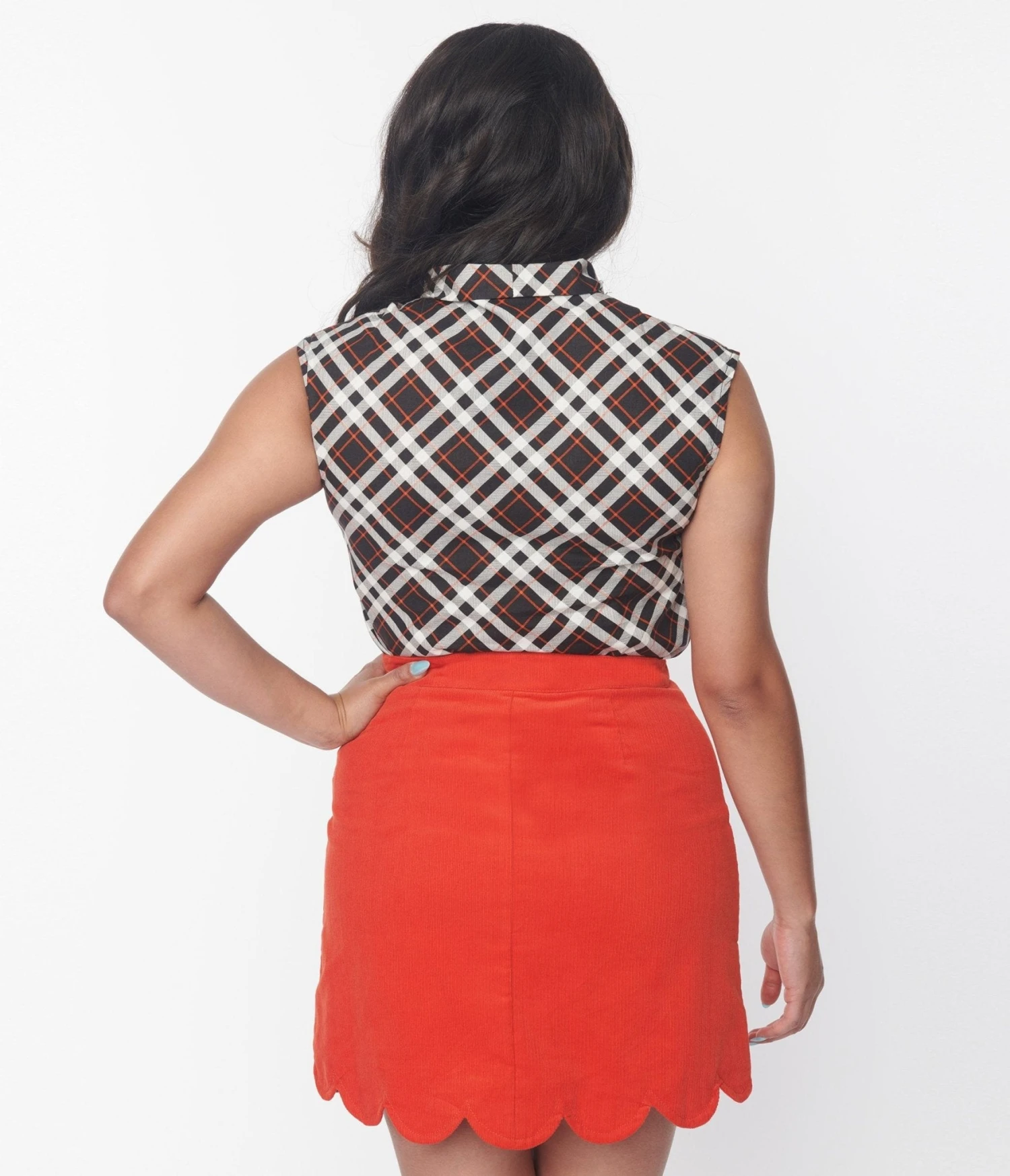 Retrolicious Black & Orange Plaid Bow Top - Image 2