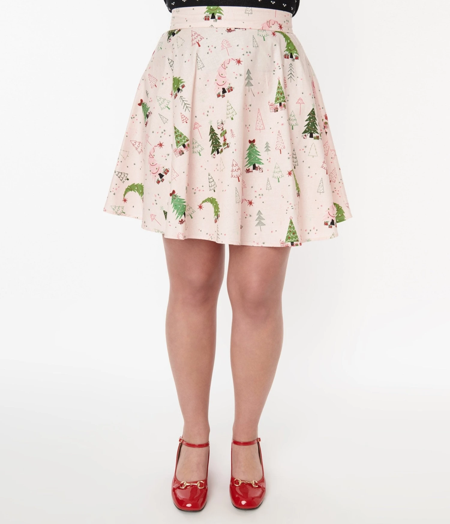 Retrolicious Pink & Christmas Tree Skater Skirt - Image 2
