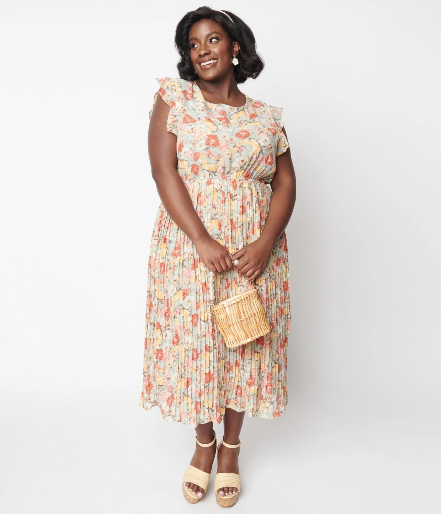 Sage Floral Pleated Midi Dress - Image 5