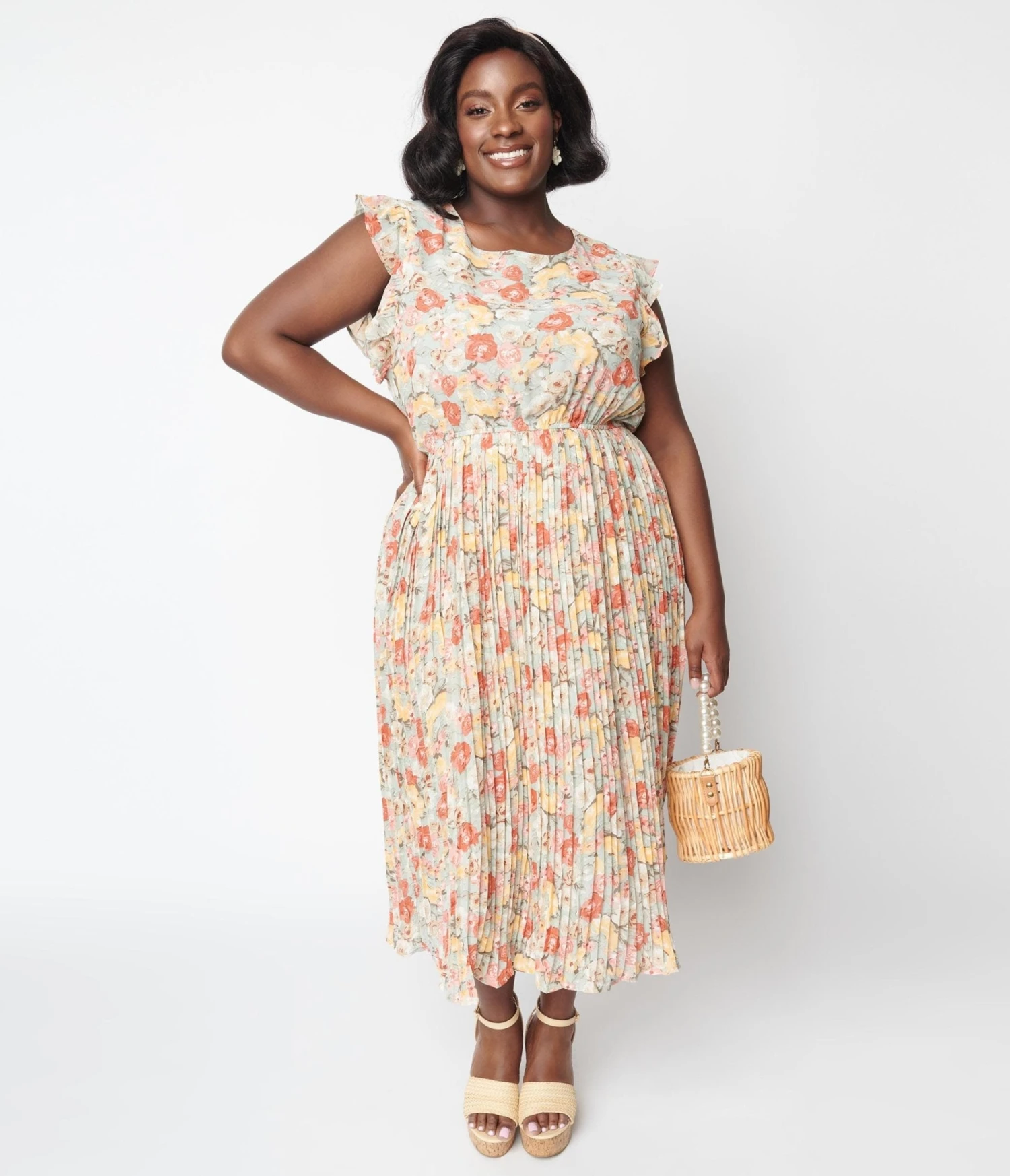 Sage Floral Pleated Midi Dress - Image 4