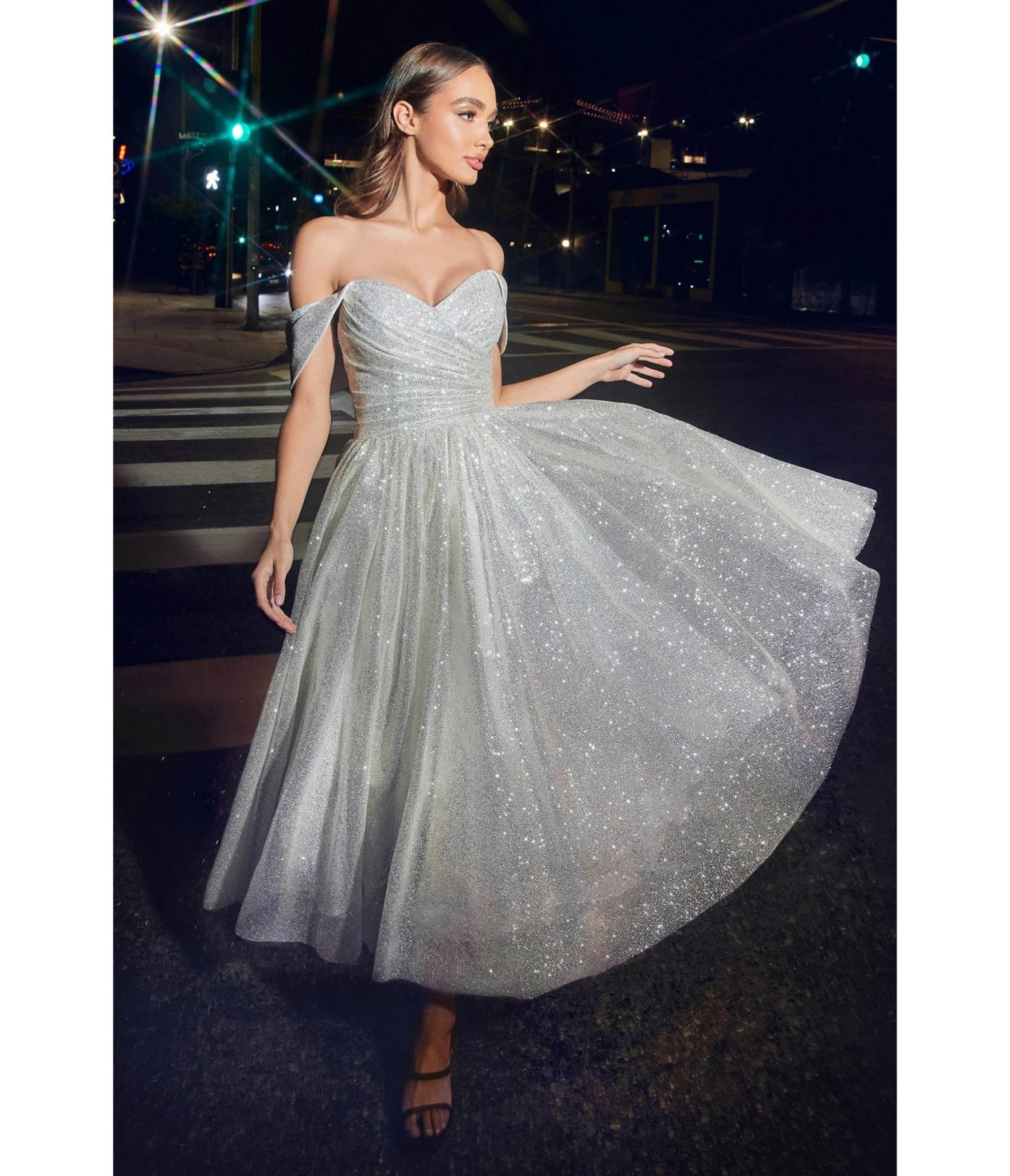 Cinderella Divine Off White Glitter Off The Shoulder Tea Length Gown - Image 2