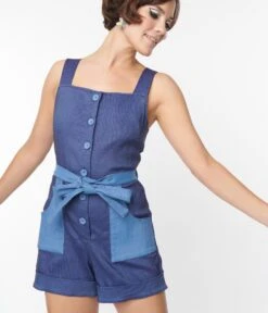 Smak Parlor Blue Denim Contrast Waist Tied Romper
