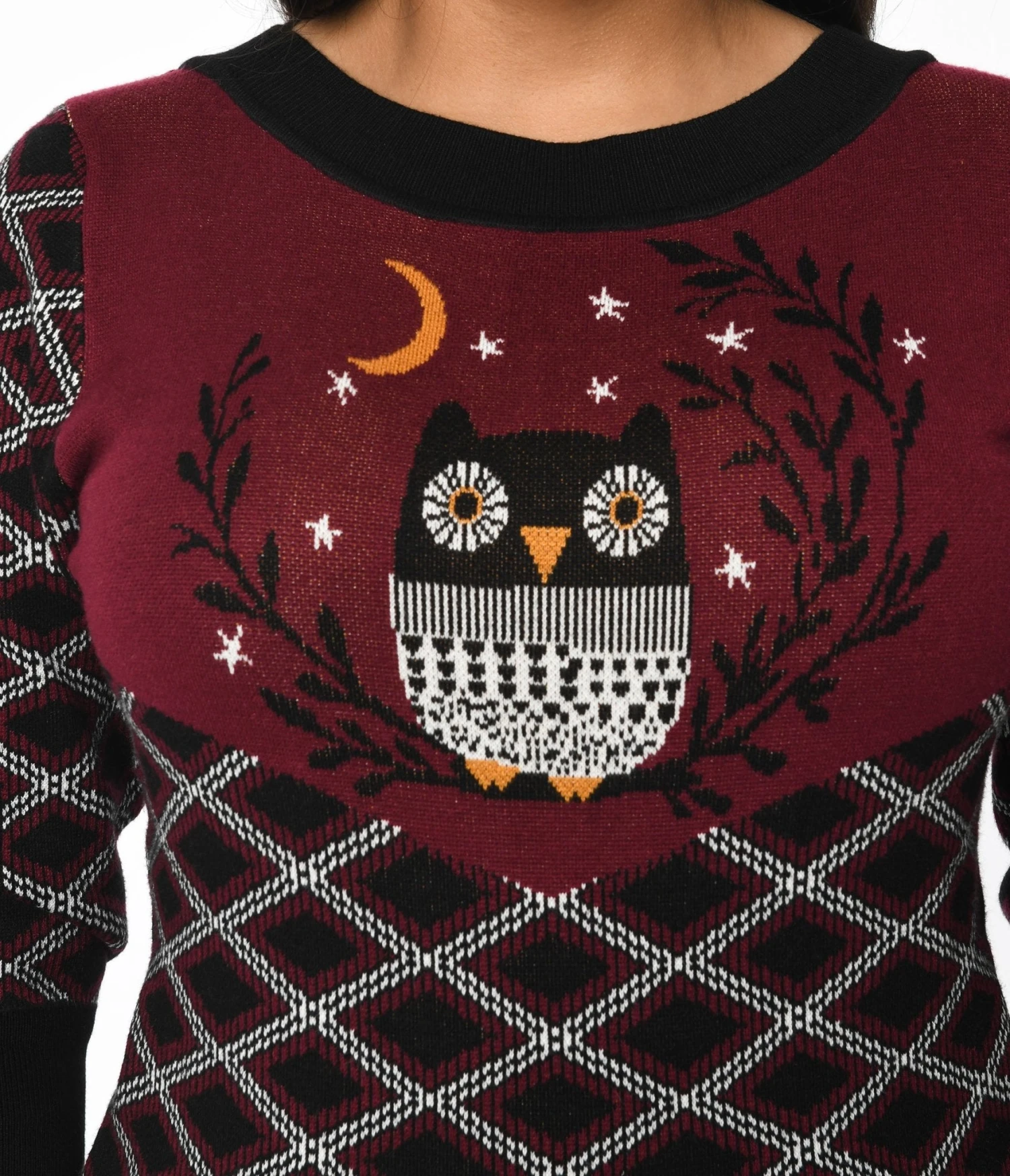 Smak Parlour Black & Burgundy Plaid Owl Sweater - Image 2