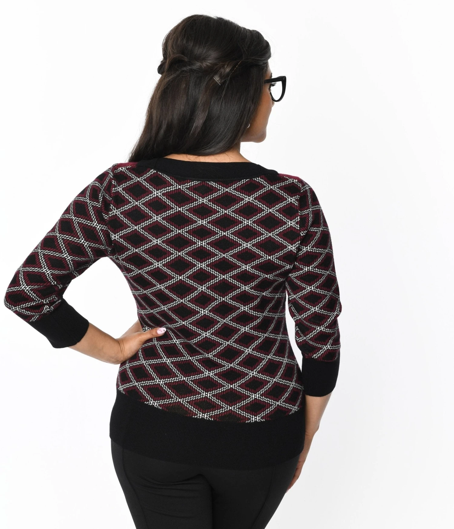 Smak Parlour Black & Burgundy Plaid Owl Sweater - Image 3
