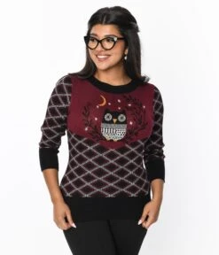 Smak Parlour Black & Burgundy Plaid Owl Sweater