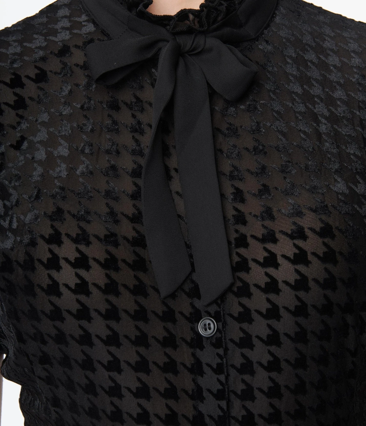 Smak Parlour Black Herringbone Burnout Ruffle Neck Blouse - Image 2