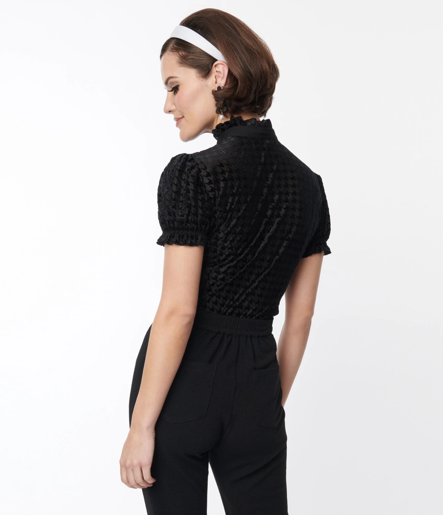 Smak Parlour Black Herringbone Burnout Ruffle Neck Blouse - Image 3