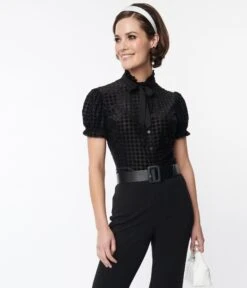 Smak Parlour Black Herringbone Burnout Ruffle Neck Blouse